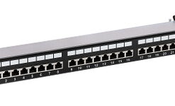 Priključni panel, 24xRJ45, STP cat.6, 19˝ 1HE, LSA sistem pod kotom, črn