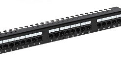 Priključni panel, 24xRJ45, UTP cat.6, 19" 1HE, Krone sistem pod kotom 90°, črn